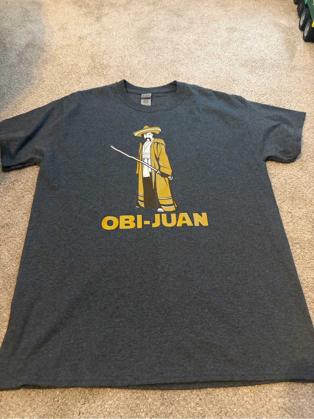 Gildan Dark Gray Graphic Tee with Gold OBI-JUAN Print